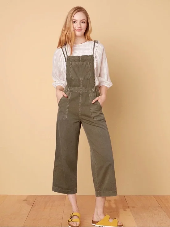 AE Studio Olive Green Wide Leg Cropped Overalls Size S 100% Cotton - Picture 1 of 8